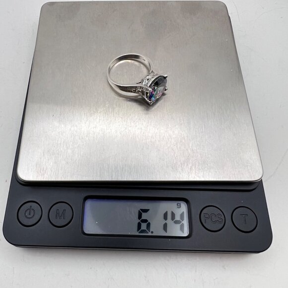 Sterling Silver Mystic Topaz Ring Sz 9 Rainbow 12mm Stone CZ Accents Art Deco - Picture 6 of 13